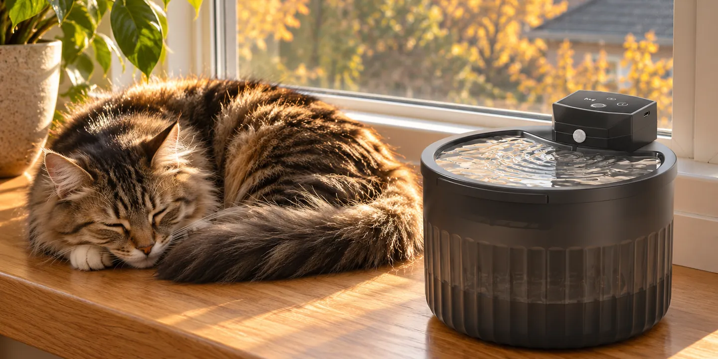 A cat asleep on a sunny windowsill next to the black fountain