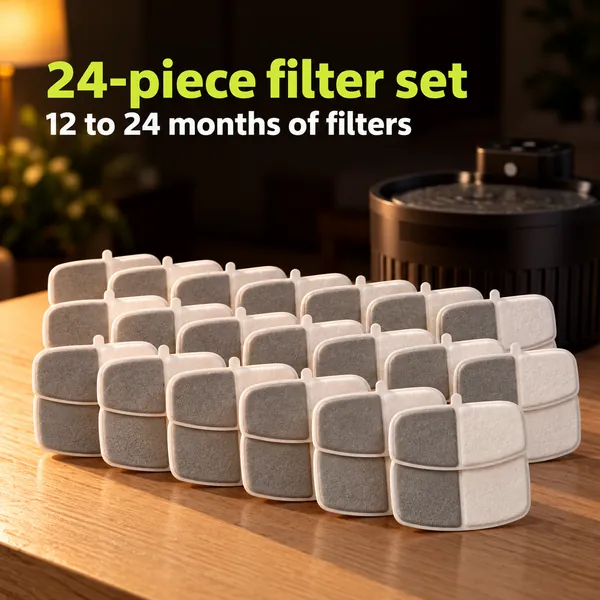 24-piece filter set, 12 to 24 months of filters: twenty-four filters in rows in front of the black fountain