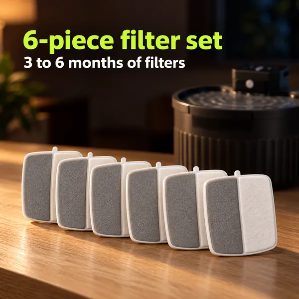 6-piece filter set, 3 to 6 months of filters: six filters lined up in front of the black fountain