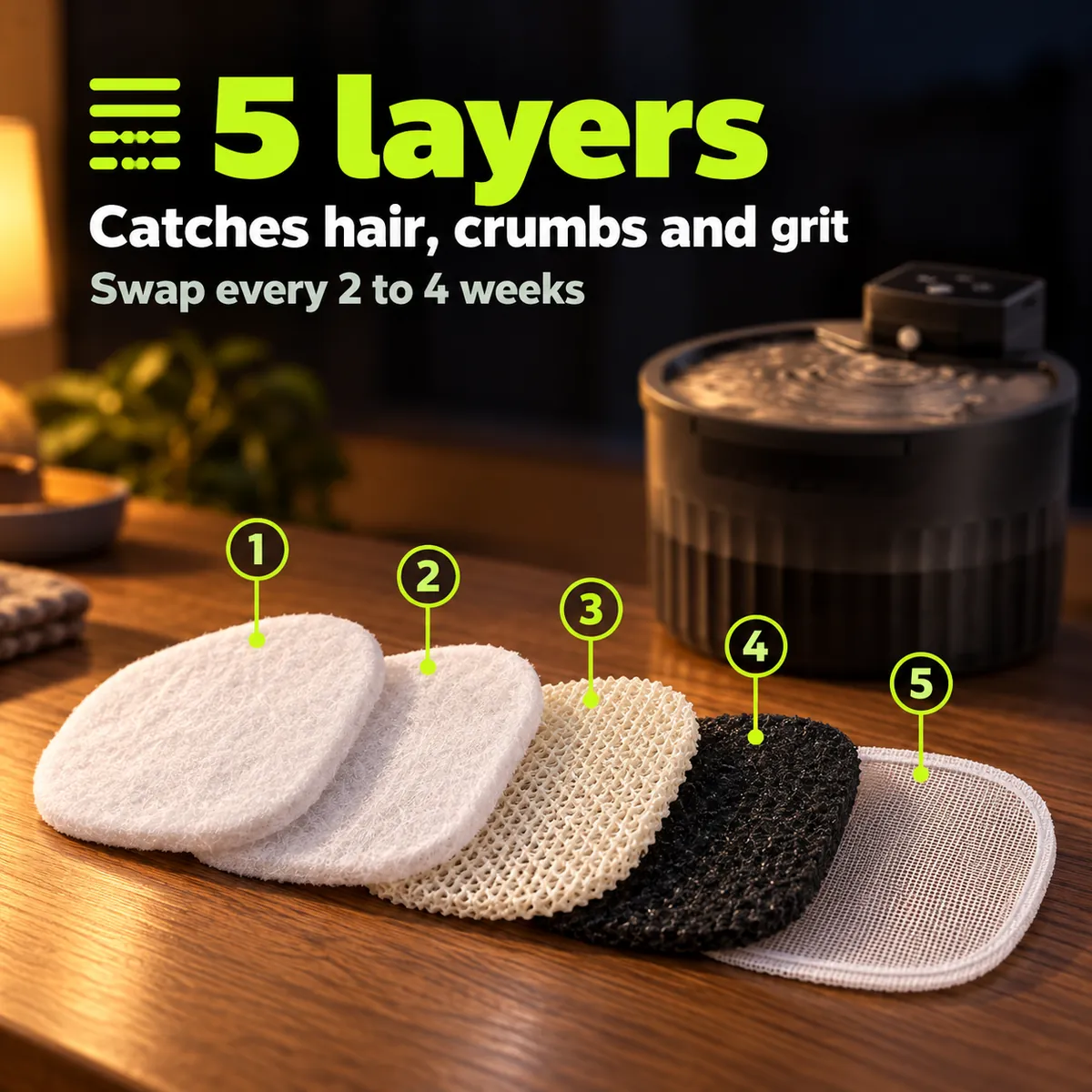 5 layers: catches hair, crumbs and grit. Swap every 2 to 4 weeks. The five filter layers laid out in front of the fountain