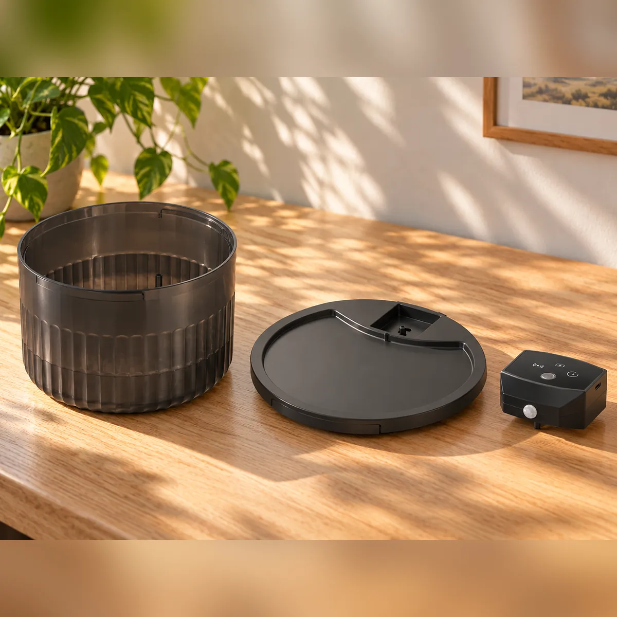 The fountain taken apart on a counter: the fluted body, the flat top and the control module